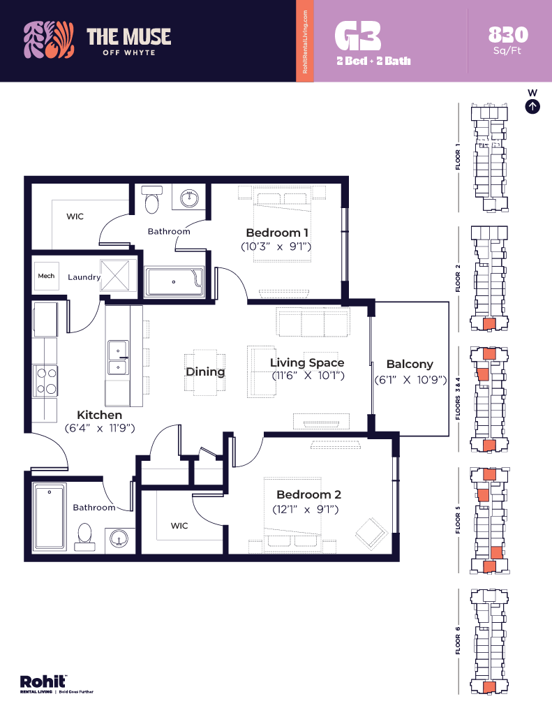 Floor plan for 2 beds, 2 baths, 830 sqft